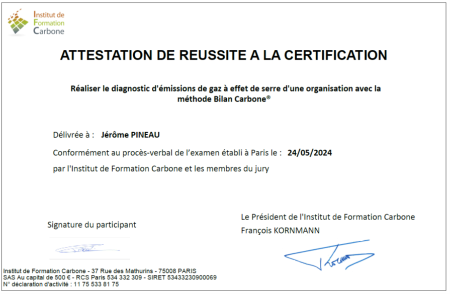 attestation de réussite à la certification Bilan Carbone